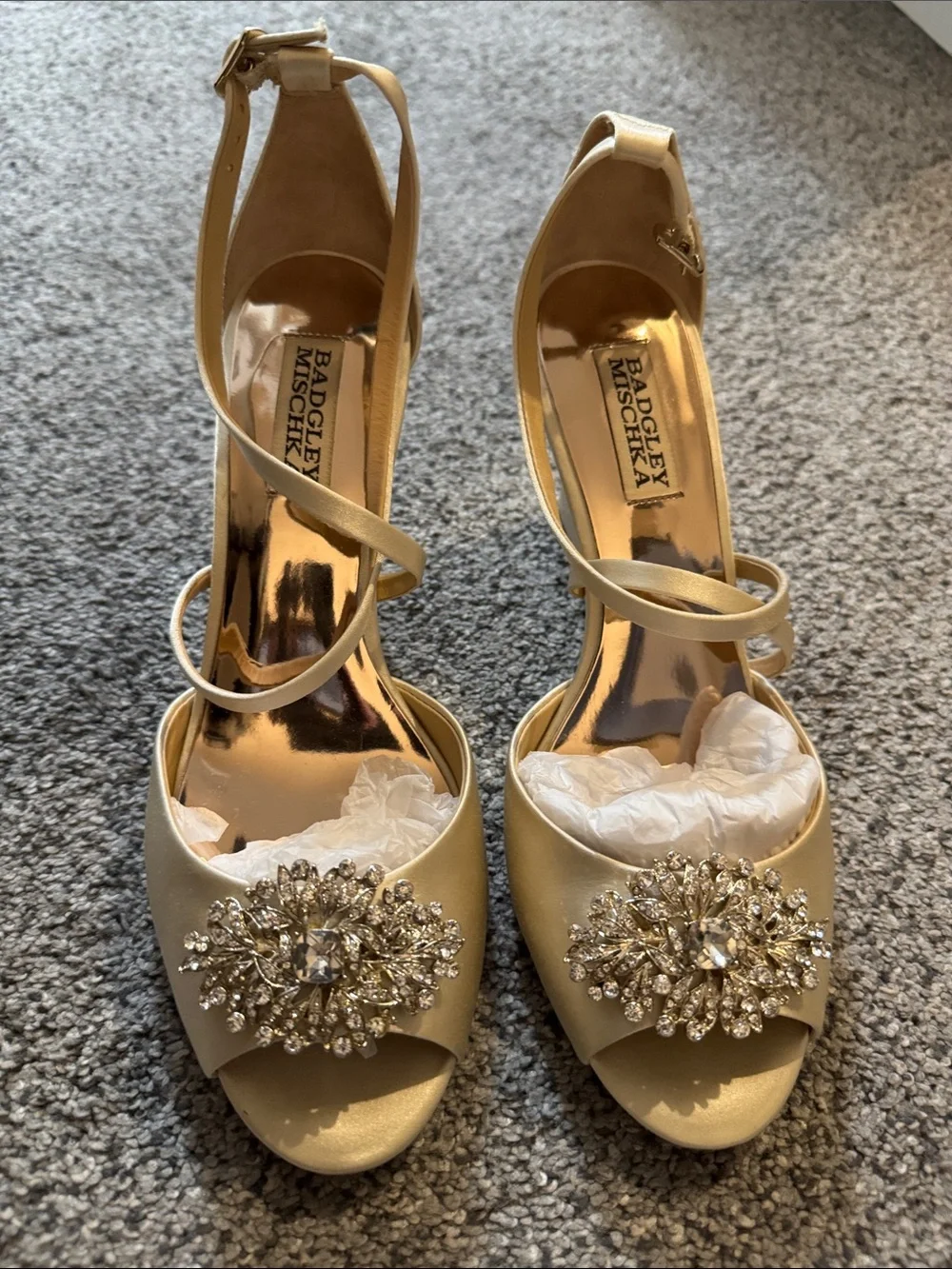 Badgley Mischka Champagne Satin Crystal-Embellished Peep-Toe Heels